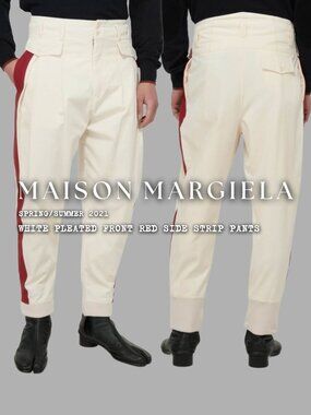 MAISON MARGIELA White Cotton Red Side Strip High Waist Pants Sz IT 46 SS21